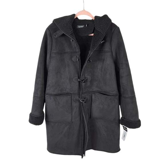 Laruen Ralph Lauren Faux Shearling Toggle Buttoned Black Coat - Picture 6 of 16